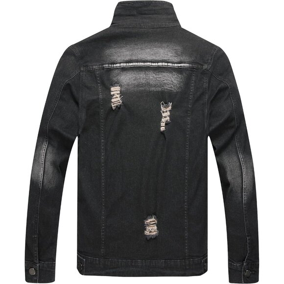 Men's Jean Jacket Distressed Slim Denim Jacket Long Sleeve Button Down Black7013 - Picture 3 of 9
